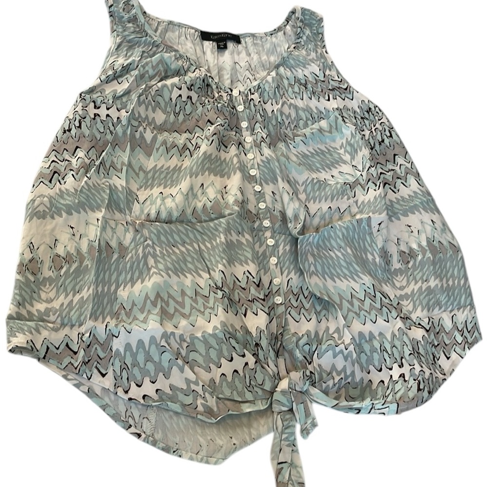 Karen Kane size XL aqua & white sleeveless print button down tie’s at waist